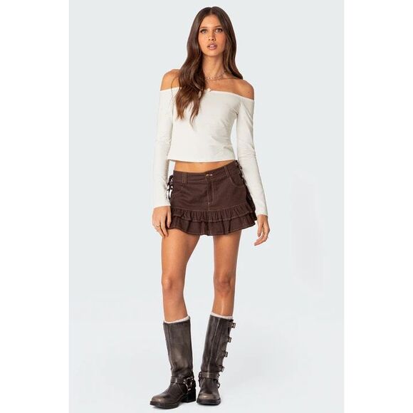 Edikted Dev Ruffle Linen Look Brown Mini Skirt Size Small 100% Cotton - Picture 1 of 6